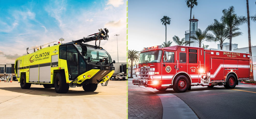 An ARFF truck that is lime green with blue sky in the background and a municipal fire truck that is red with palm trees in the background.