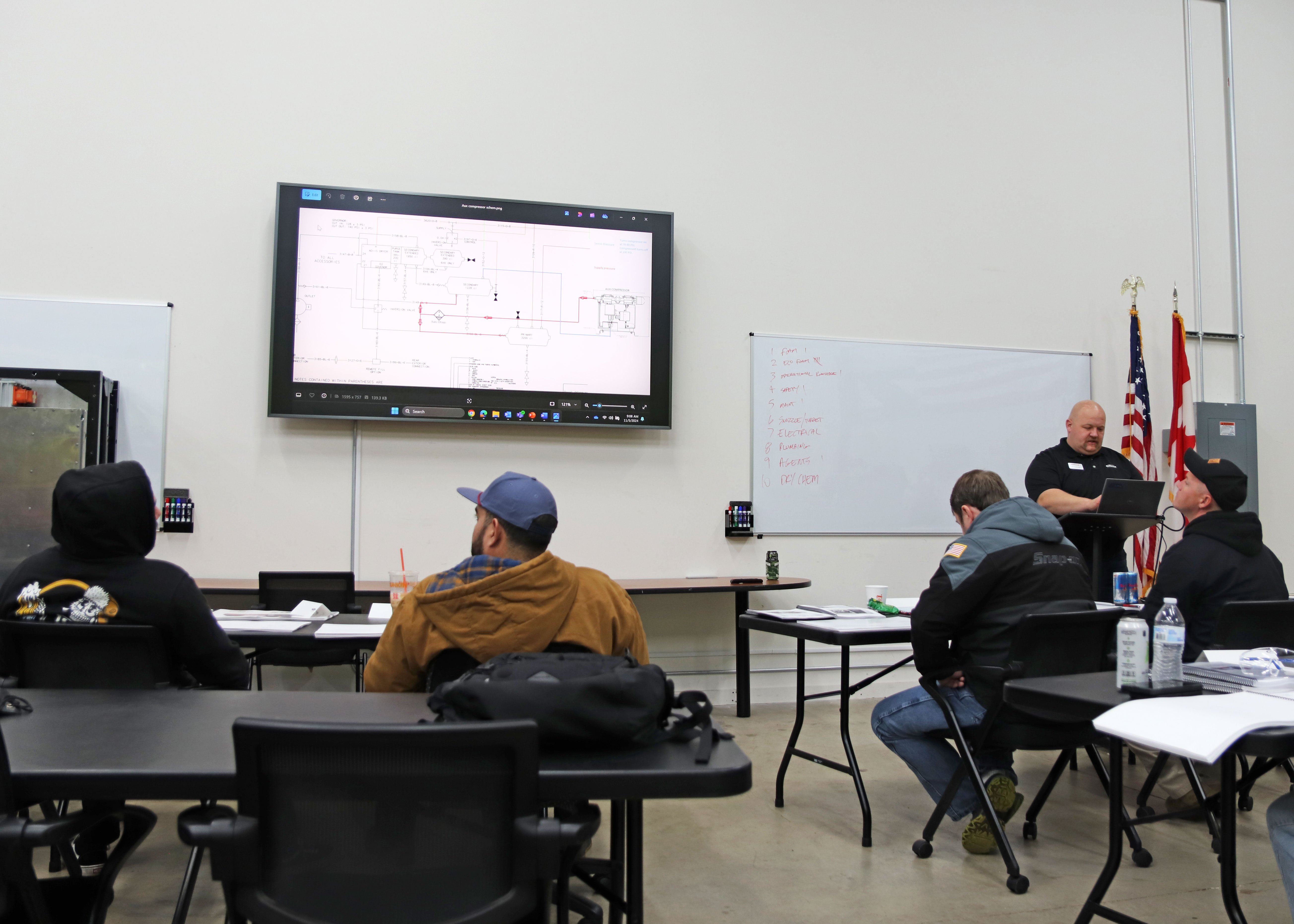 Men in an ARFF training classroom with an ARFF training professional teaching.